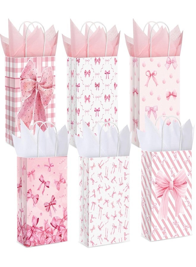 MotiMind 24 Pcs Christmas Pink Bow Paper Gift Bags with Tissue Papers Women Coquette Birthday Party Favor Bag with Handles Goodie Candy Sack for Bachelorette Bridal Shower Wedding(White Pink) - Image 1